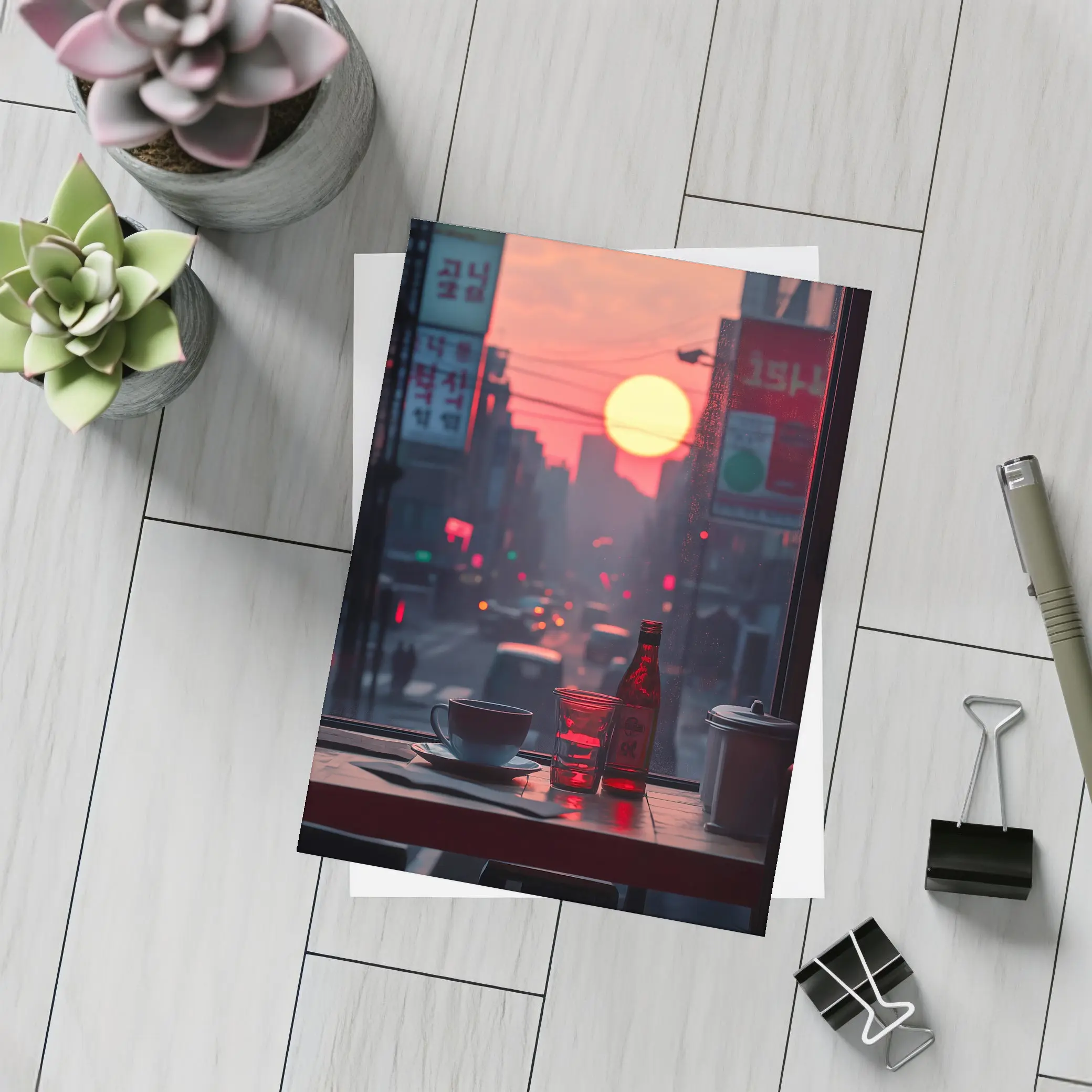 Seoul Street Sunset Coffee Shop Window View – Postcards
