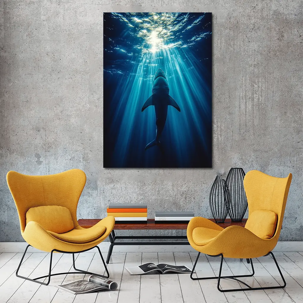 Great White Shark Deep Blue Ocean Light – Wall Art