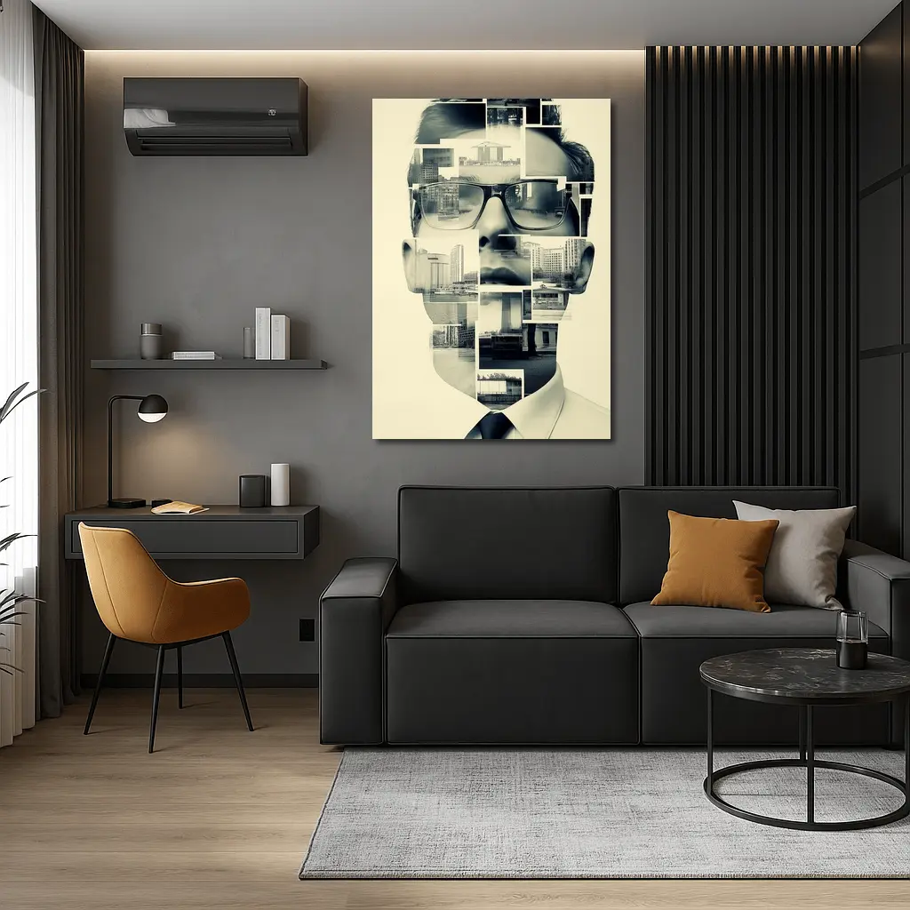 Man Portrait Collage City Buildings Black White – Wall Art