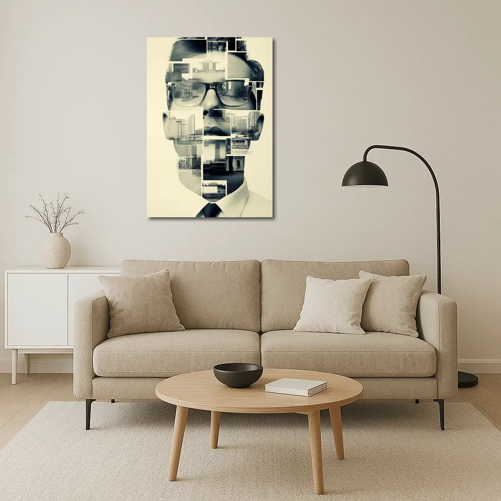 Man Portrait Collage City Buildings Black White – Wall Art