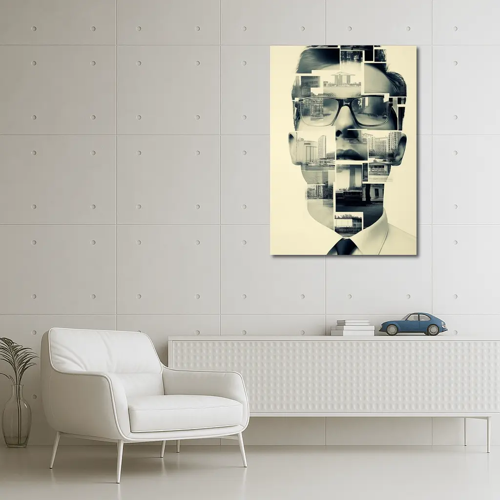 Man Portrait Collage City Buildings Black White – Wall Art
