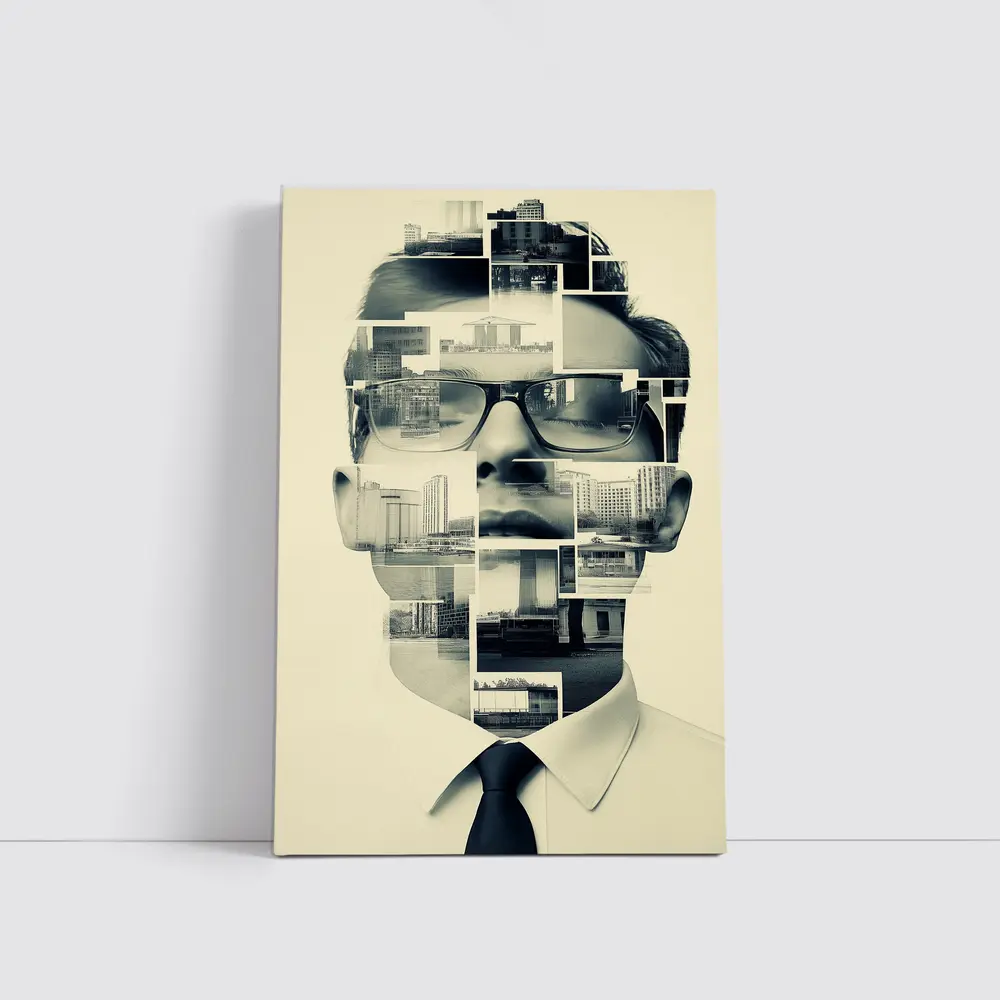 Man Portrait Collage City Buildings Black White – Wall Art