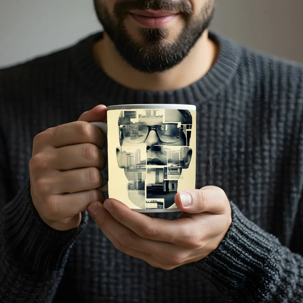Man Portrait Collage City Buildings Black White – Mugs