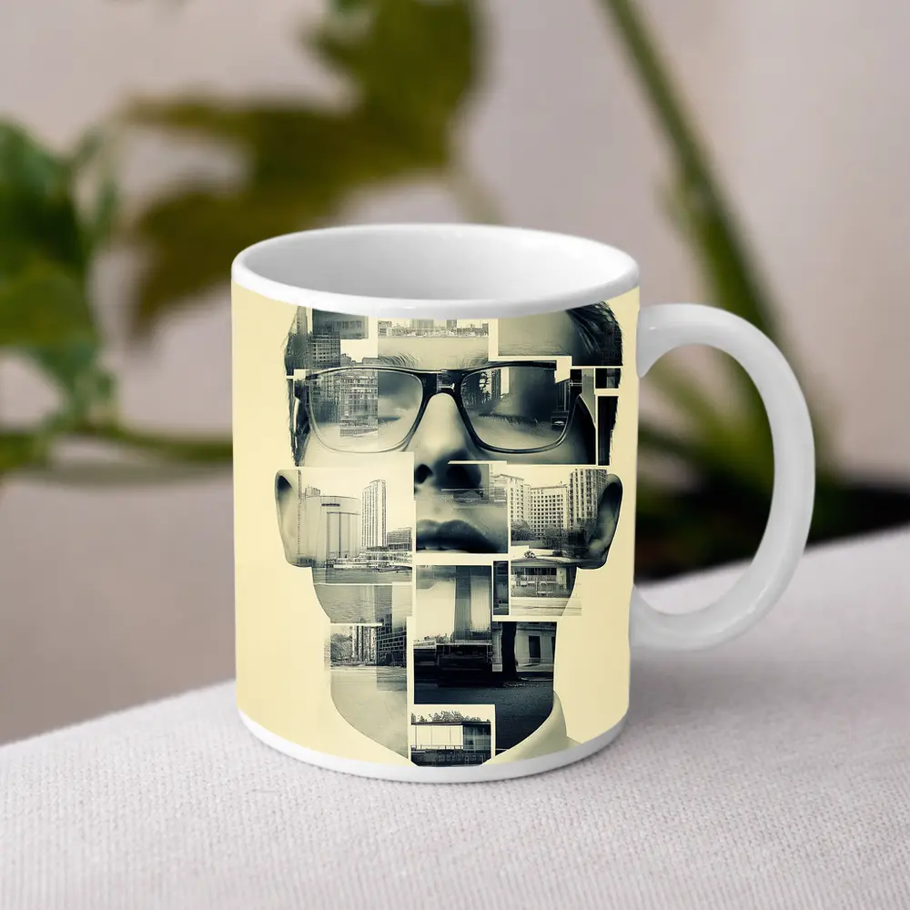 Man Portrait Collage City Buildings Black White – Mugs