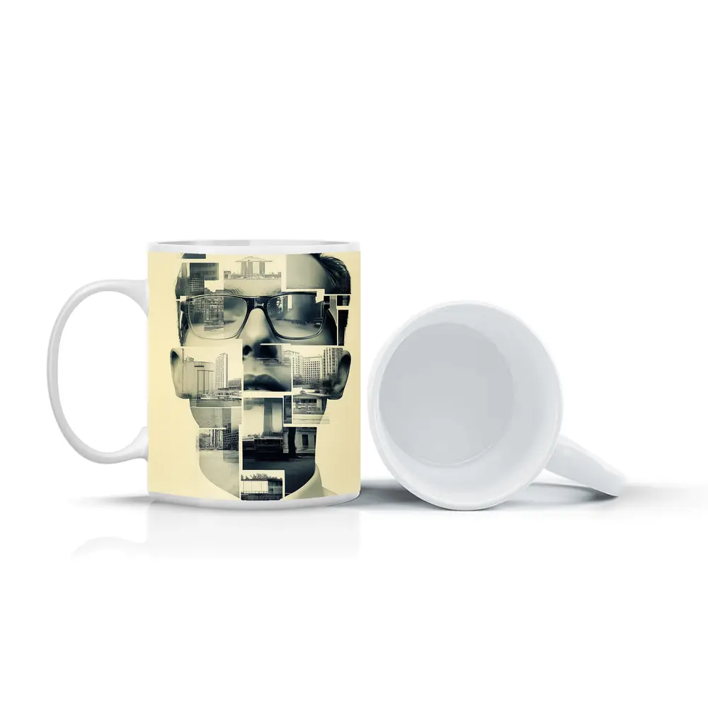 Man Portrait Collage City Buildings Black White – Mugs