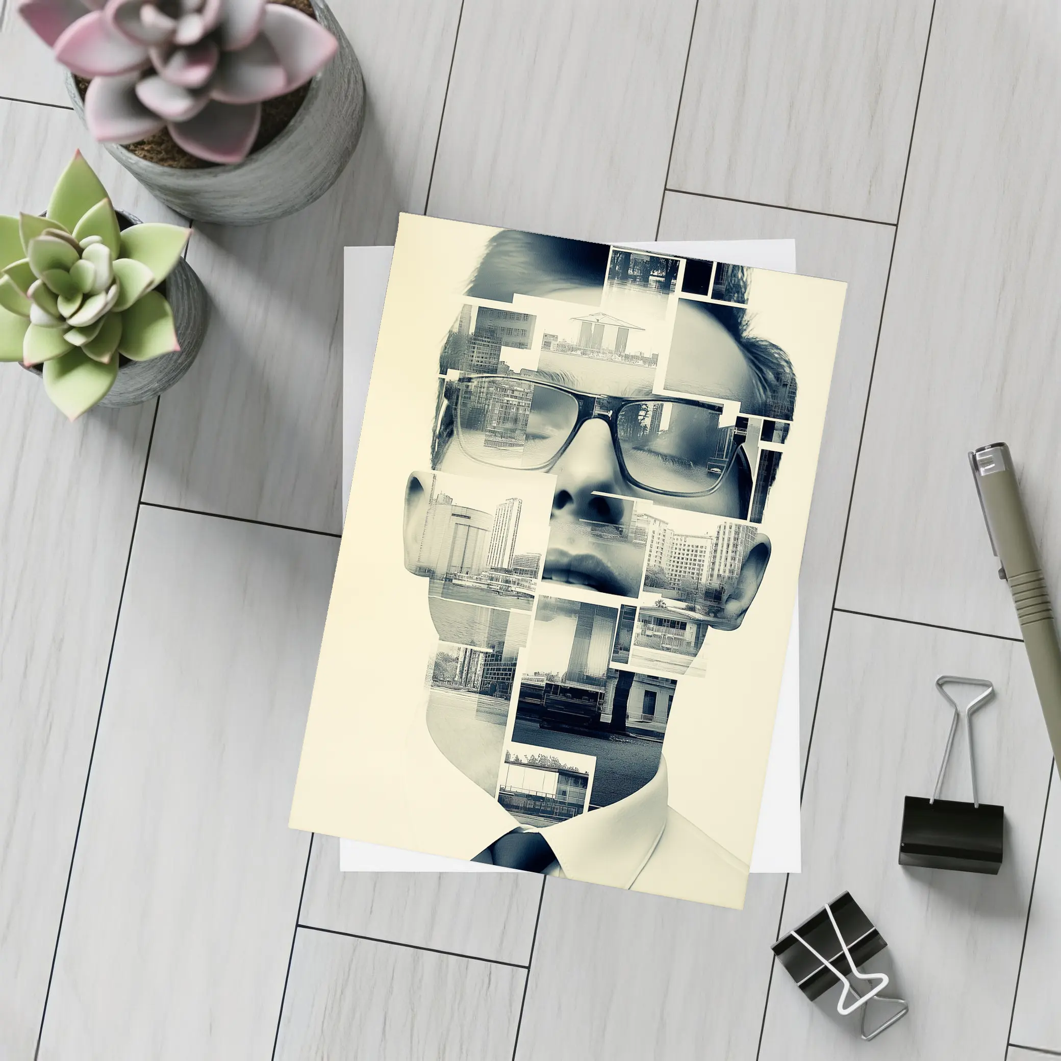 Man Portrait Collage City Buildings Black White – Postcards