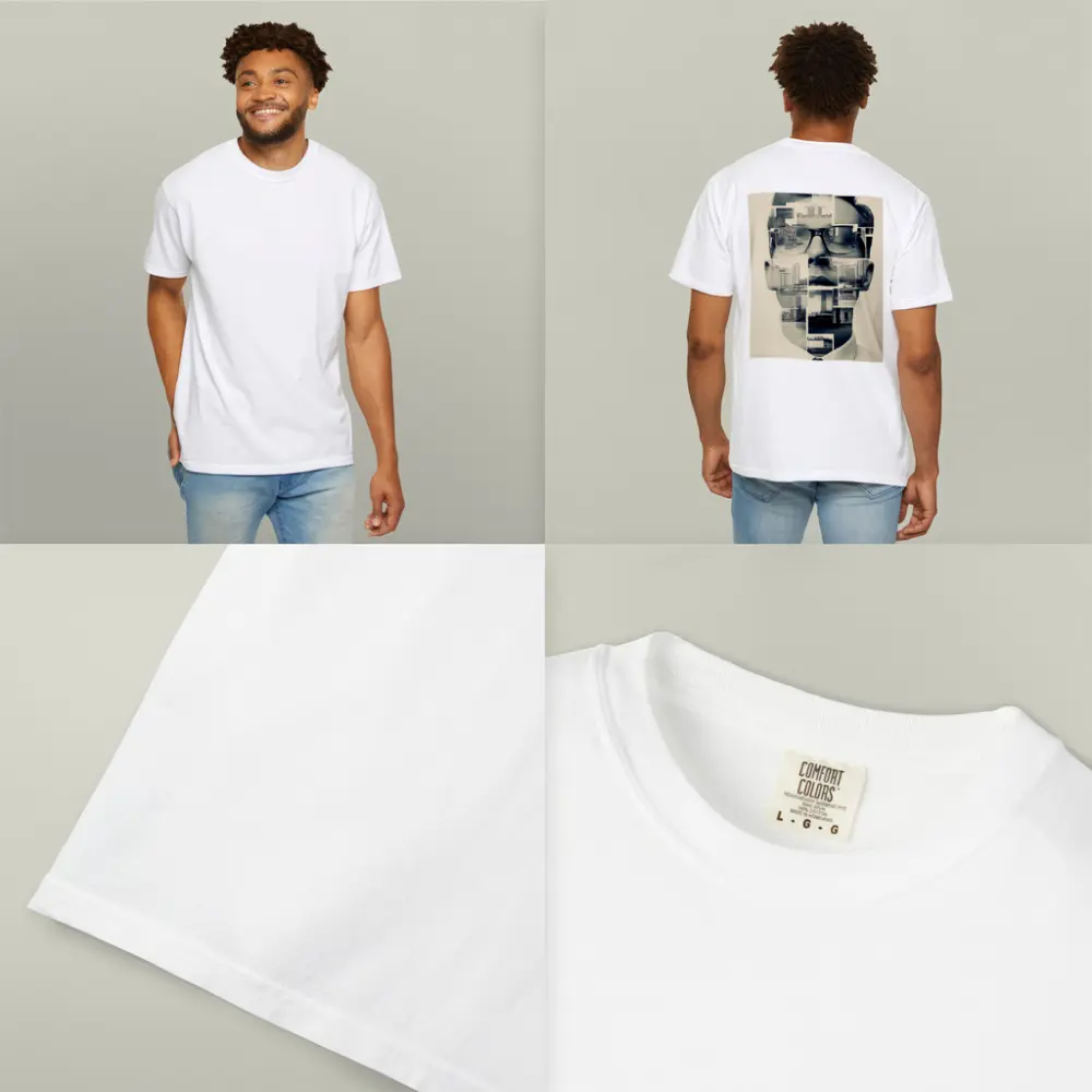 Man Portrait Collage City Buildings Black White – T-Shirts