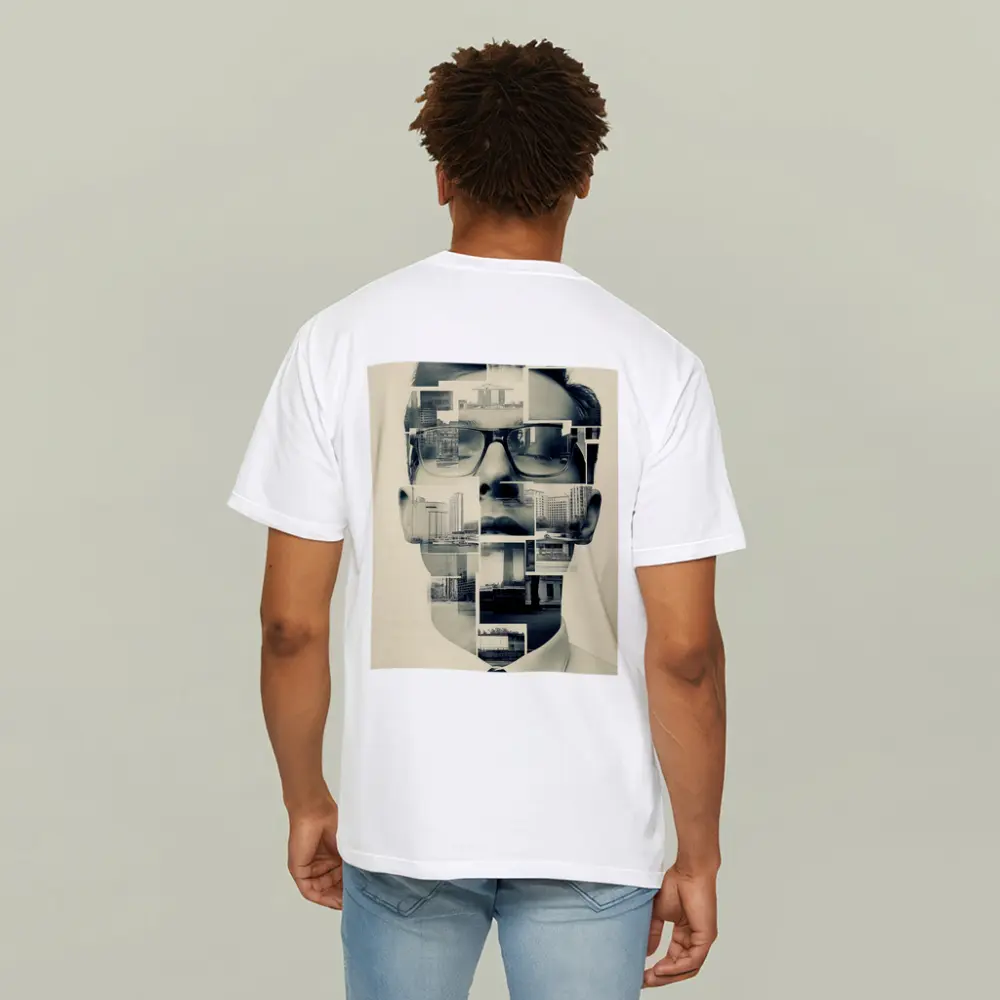 Man Portrait Collage City Buildings Black White – T-Shirts