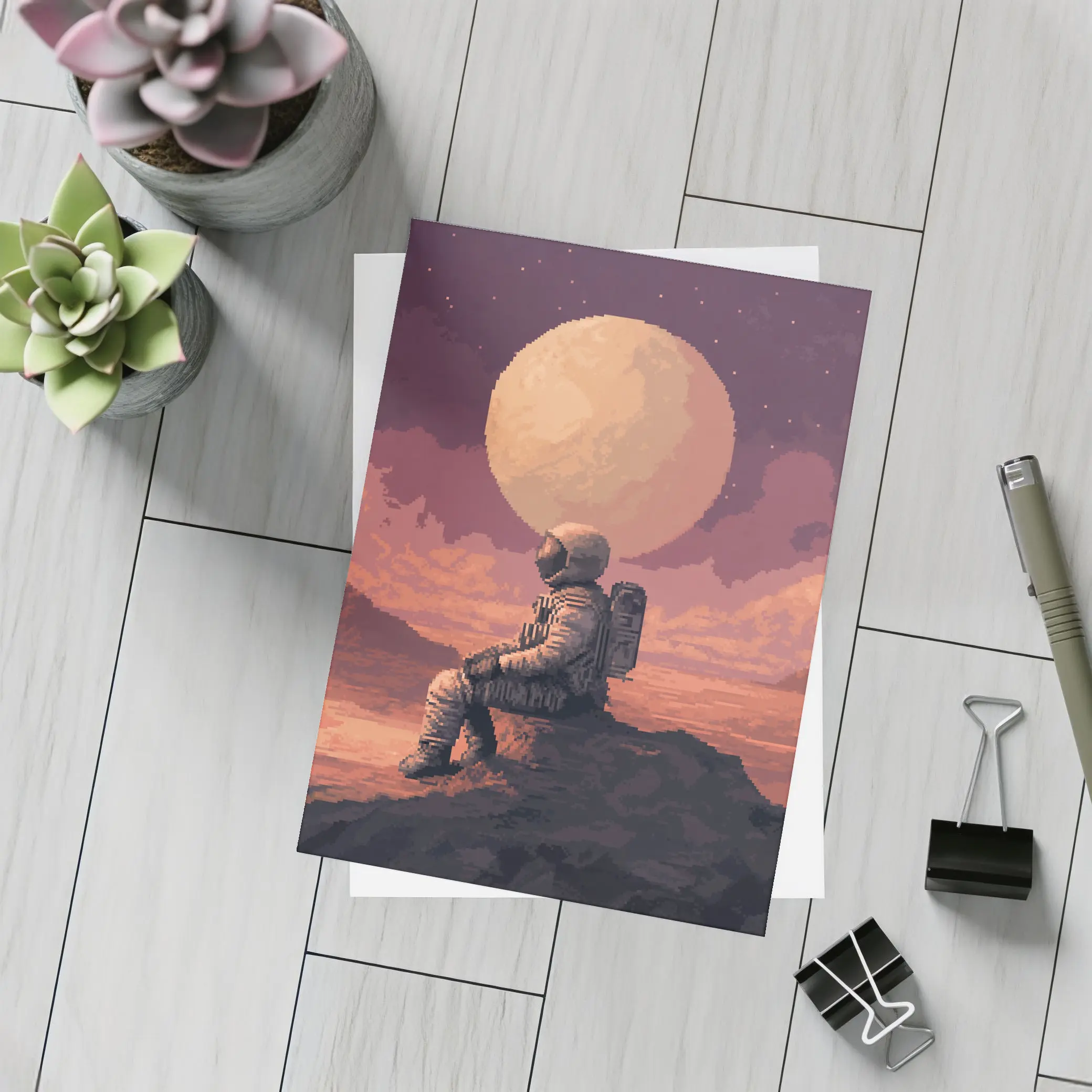 Pixel Art Astronaut Sitting On Mars – Postcards