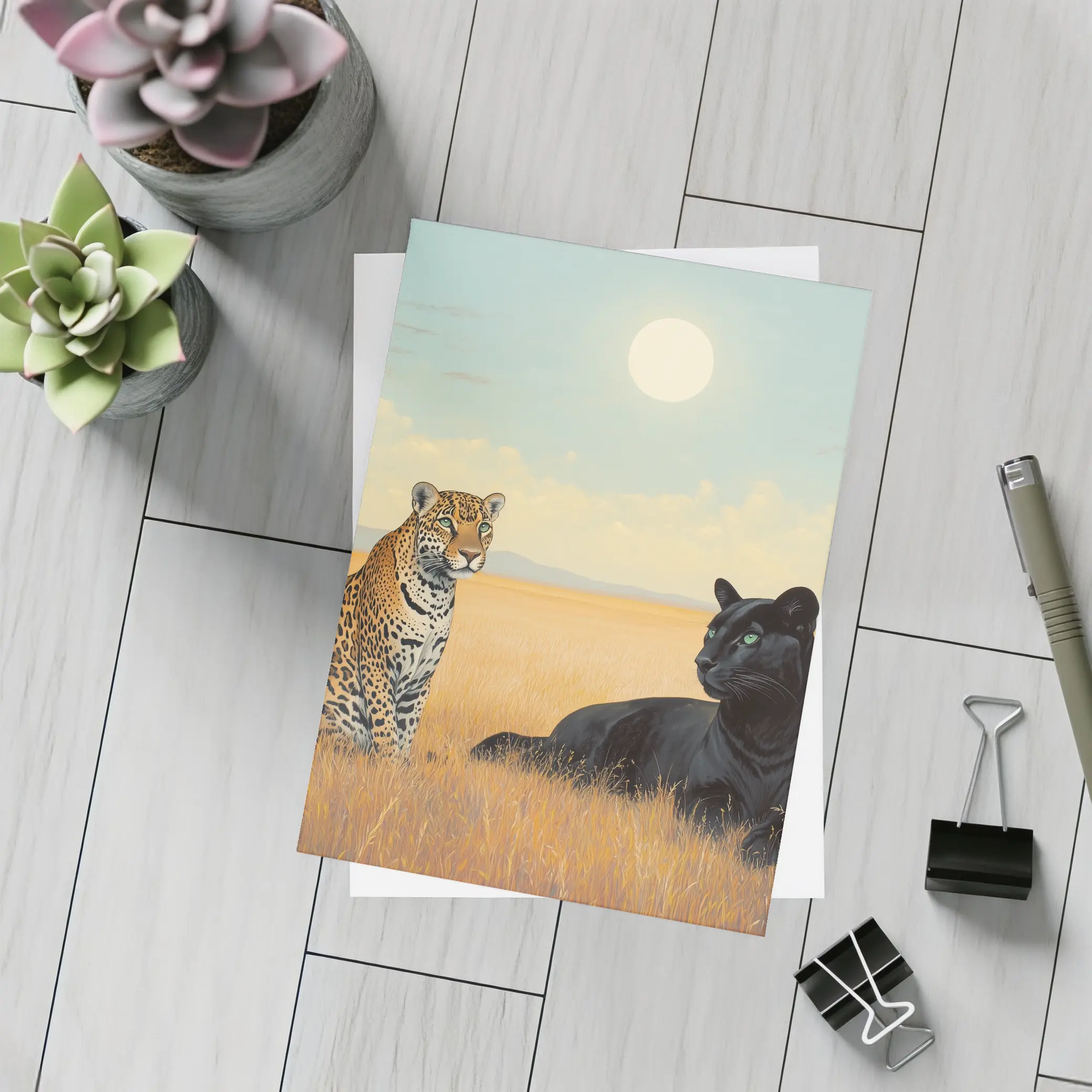 Leopard and Black Panther Savanna Painting – Postcards