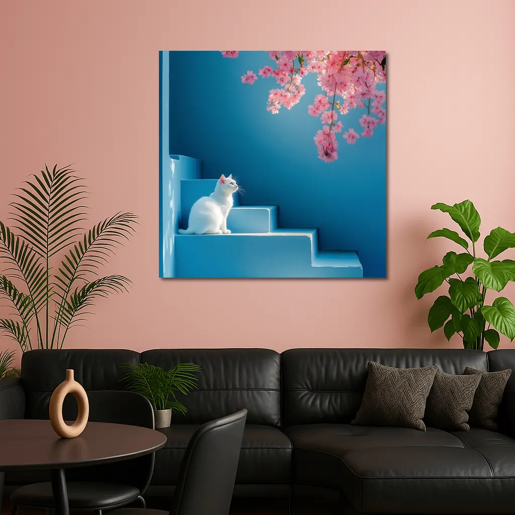 White Cat Sitting on Blue Steps Cherry Blossoms – Wall Art