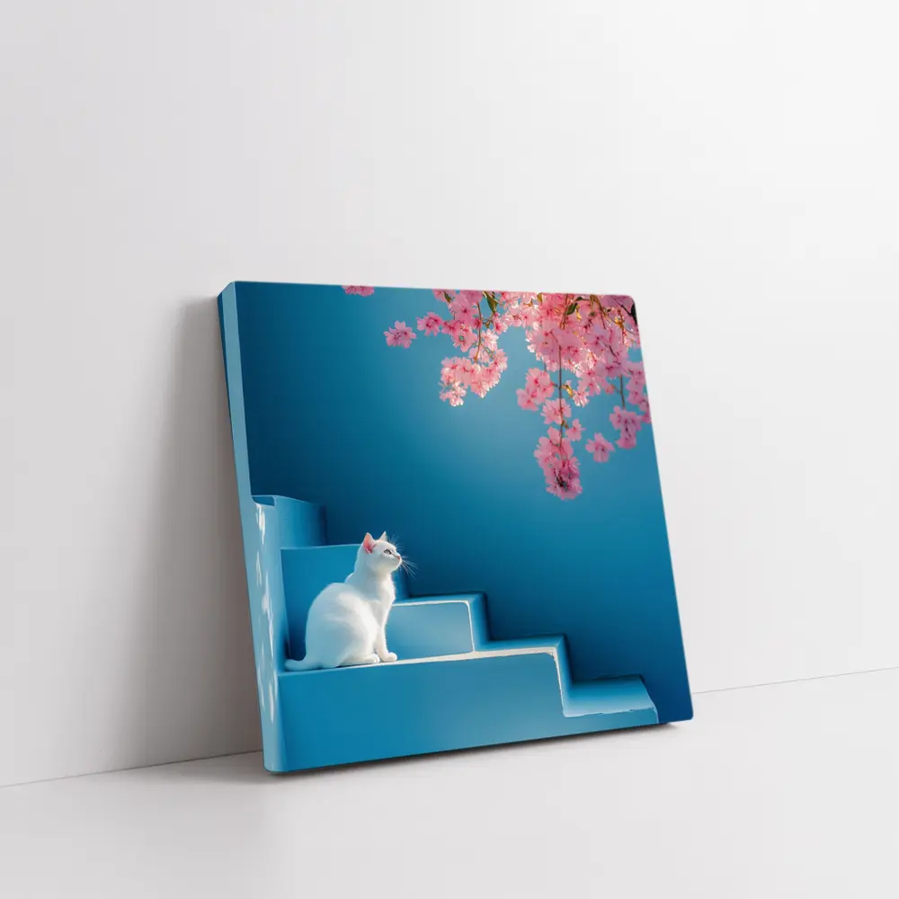 White Cat Sitting on Blue Steps Cherry Blossoms – Wall Art