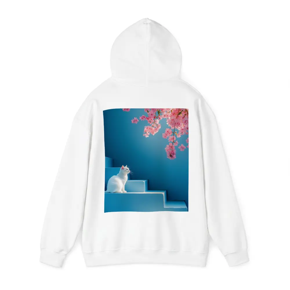 White Cat Sitting on Blue Steps Cherry Blossoms – Hoodies