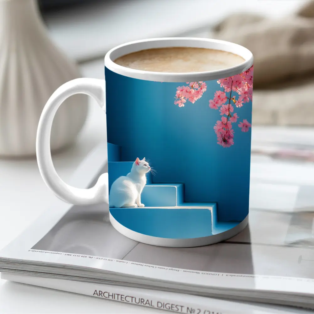 White Cat Sitting on Blue Steps Cherry Blossoms – Mugs