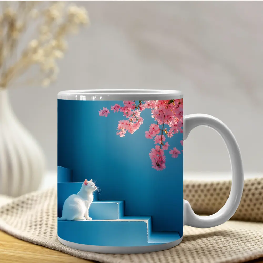 White Cat Sitting on Blue Steps Cherry Blossoms – Mugs