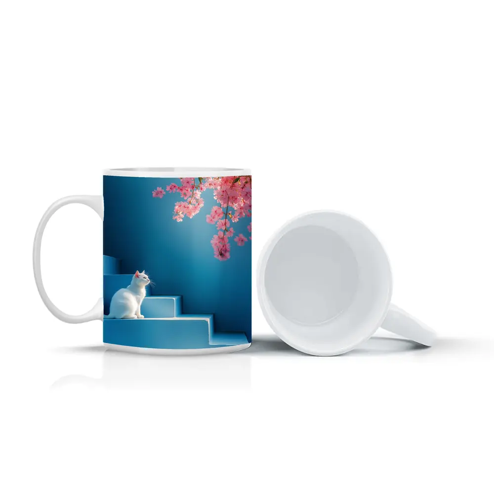 White Cat Sitting on Blue Steps Cherry Blossoms – Mugs