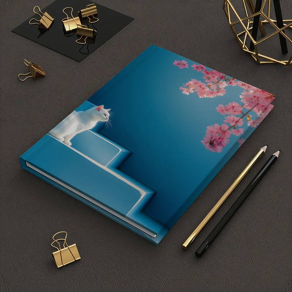 White Cat Sitting on Blue Steps Cherry Blossoms – Notebooks