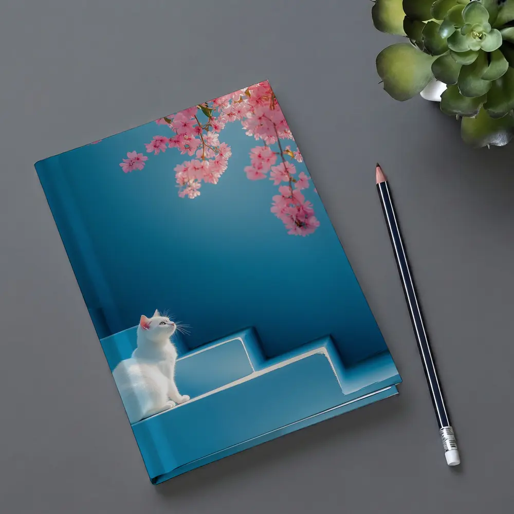 White Cat Sitting on Blue Steps Cherry Blossoms – Notebooks
