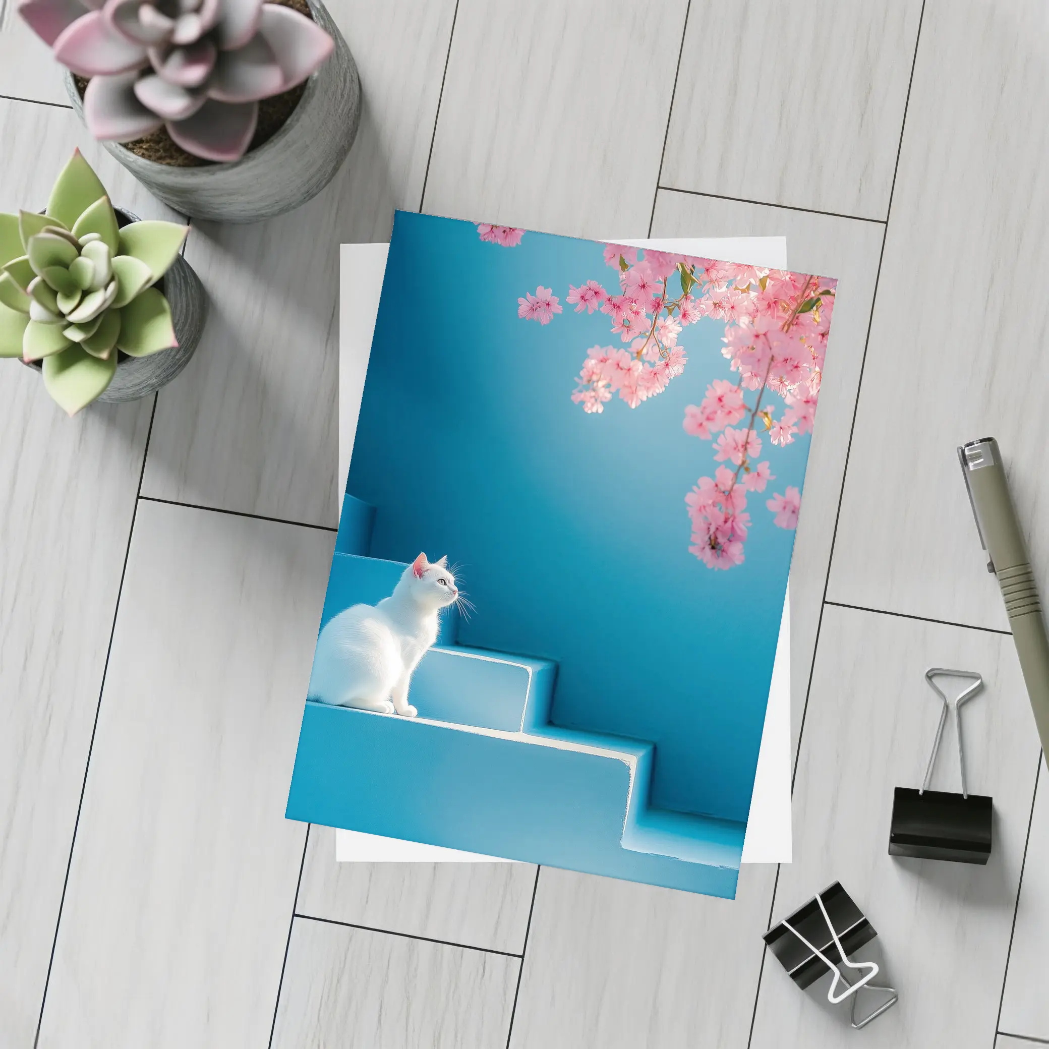 White Cat Sitting on Blue Steps Cherry Blossoms – Postcards