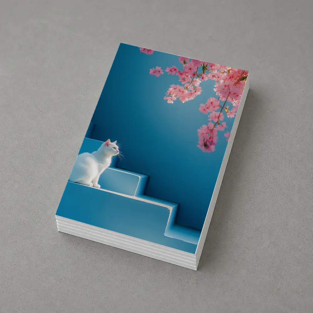 White Cat Sitting on Blue Steps Cherry Blossoms – Postcards