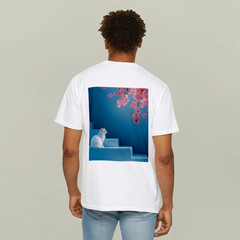White Cat Sitting on Blue Steps Cherry Blossoms – T-Shirts