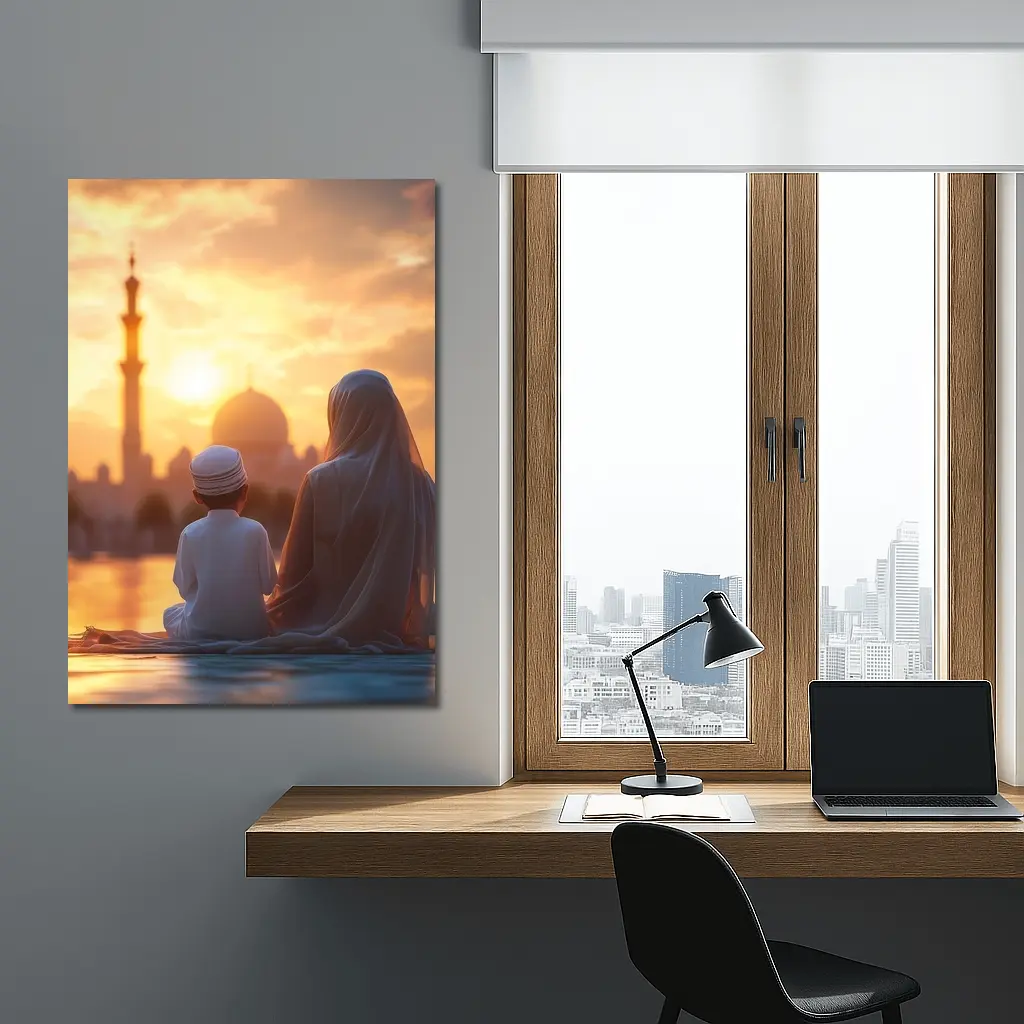 Muslim Mother Child Sitting Mosque Sunset – Wall Art
