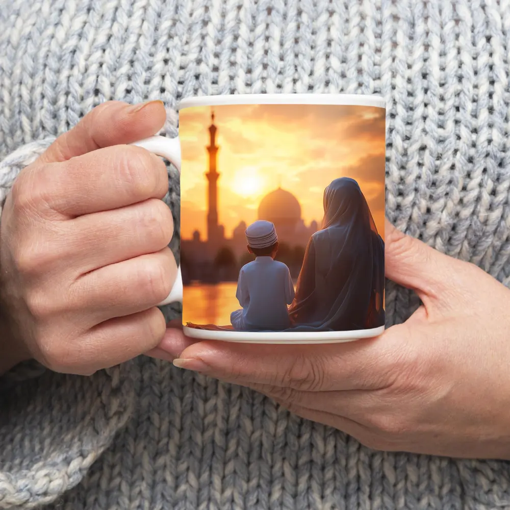 Muslim Mother Child Sitting Mosque Sunset – Mugs