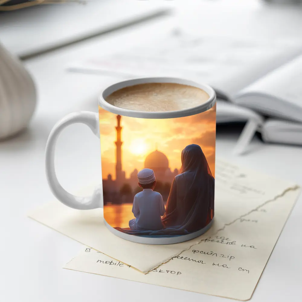 Muslim Mother Child Sitting Mosque Sunset – Mugs