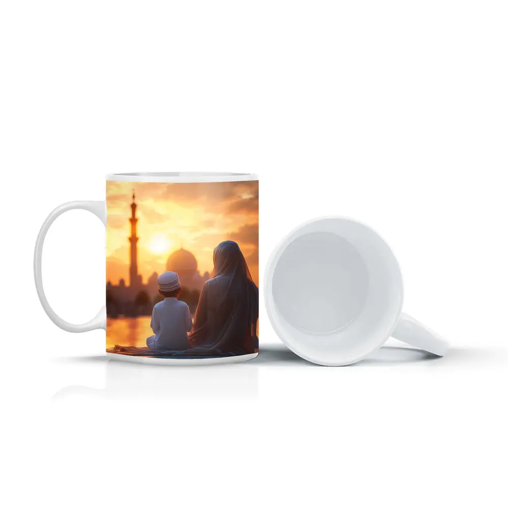 Muslim Mother Child Sitting Mosque Sunset – Mugs