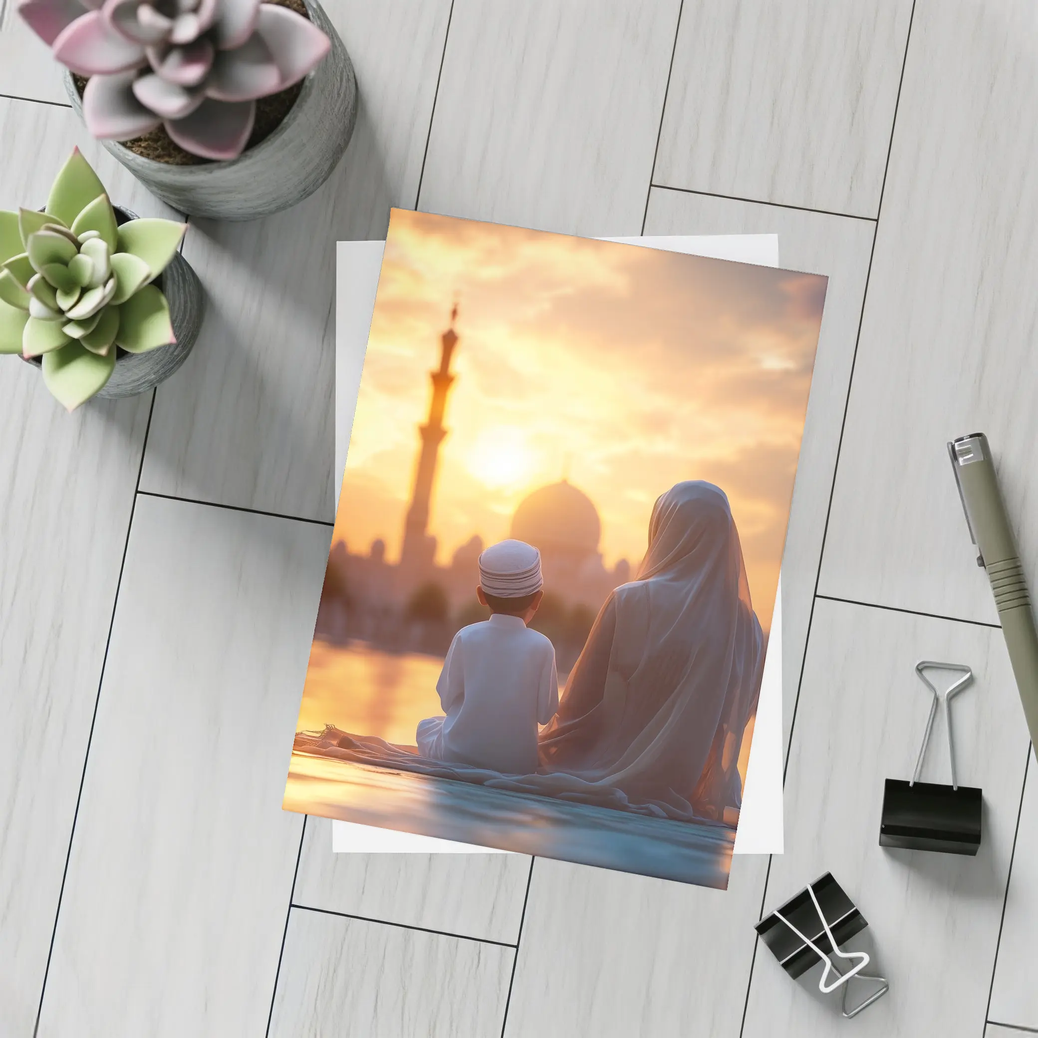 Muslim Mother Child Sitting Mosque Sunset – Postcards