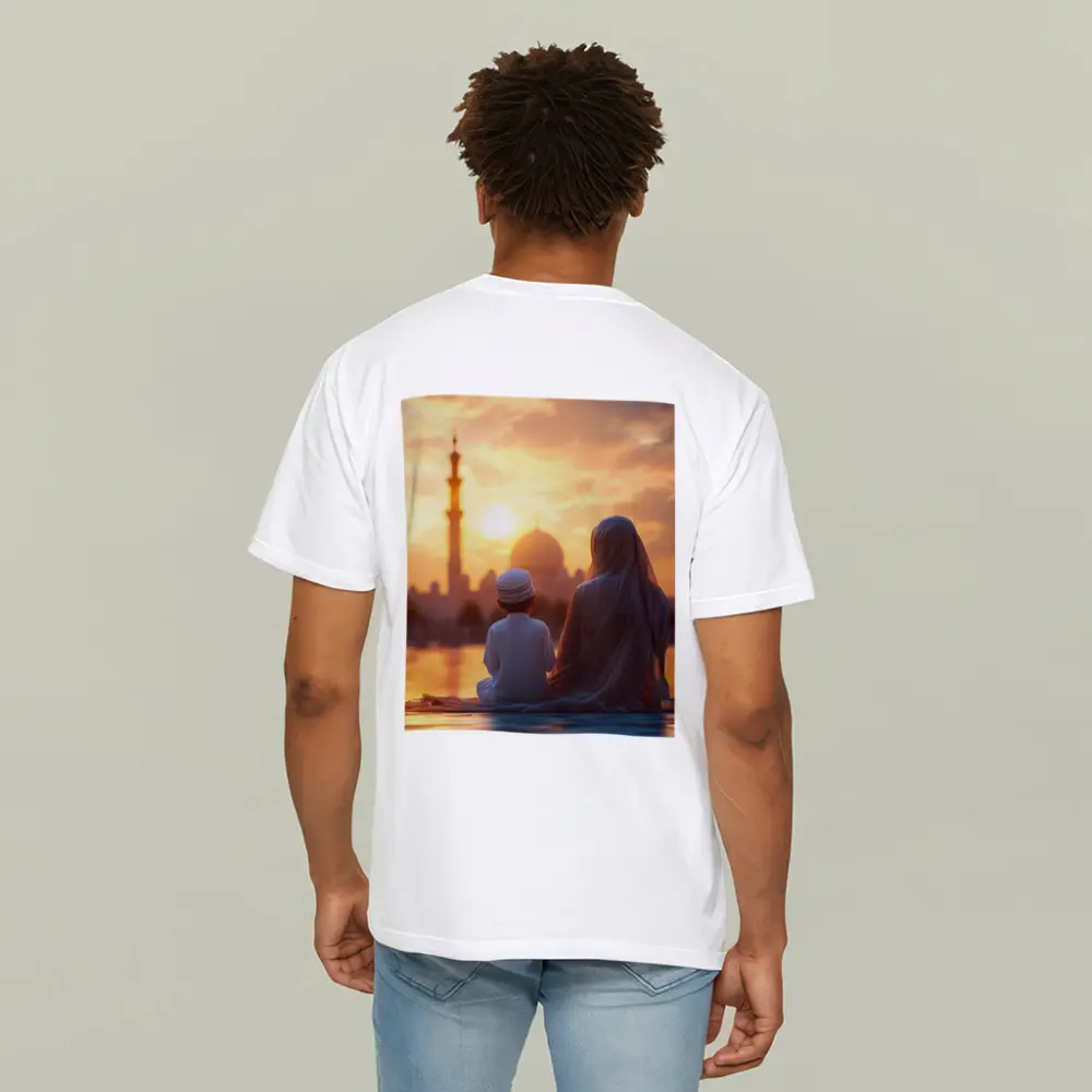 Muslim Mother Child Sitting Mosque Sunset – T-Shirts