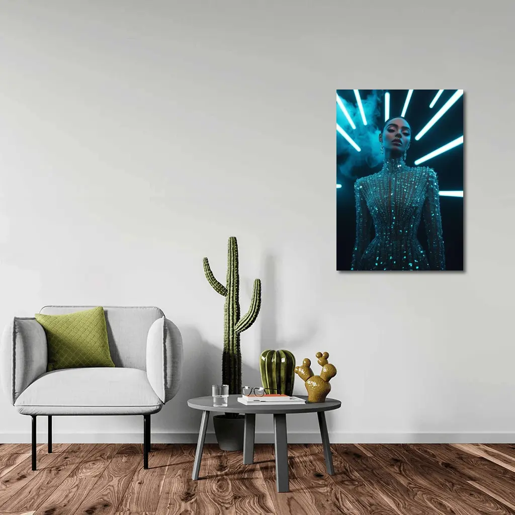 Glittering Woman Neon Lights Dark Background – Wall Art