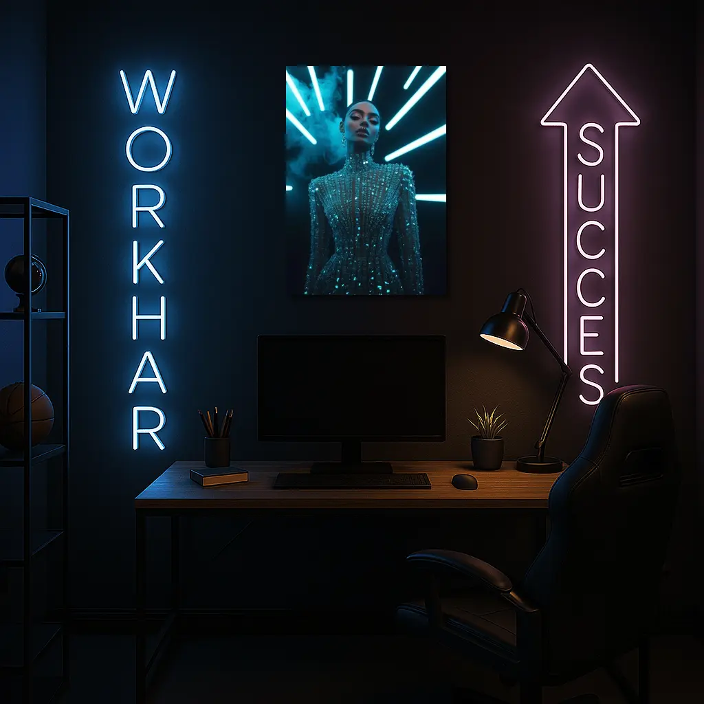 Glittering Woman Neon Lights Dark Background – Wall Art