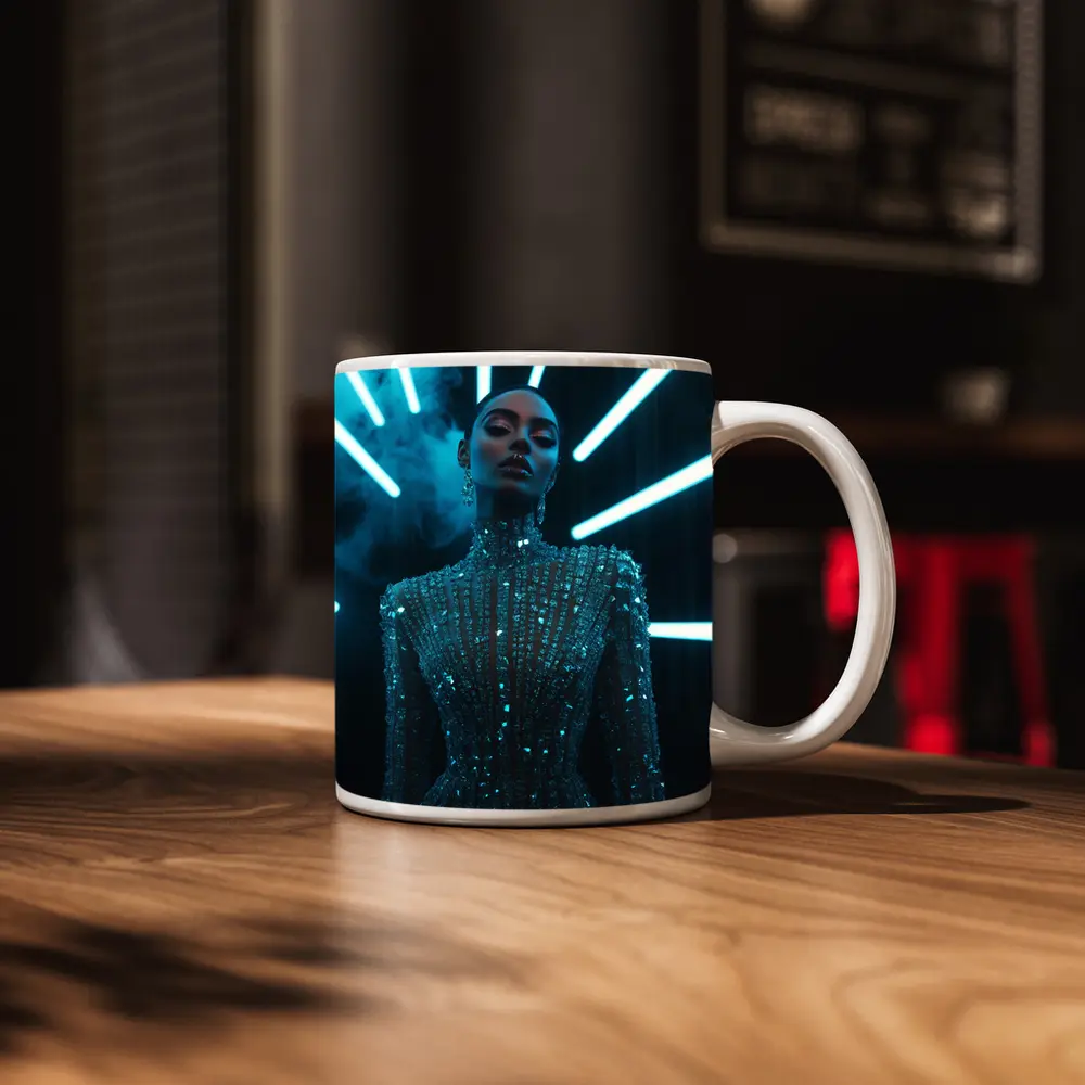Glittering Woman Neon Lights Dark Background – Mugs