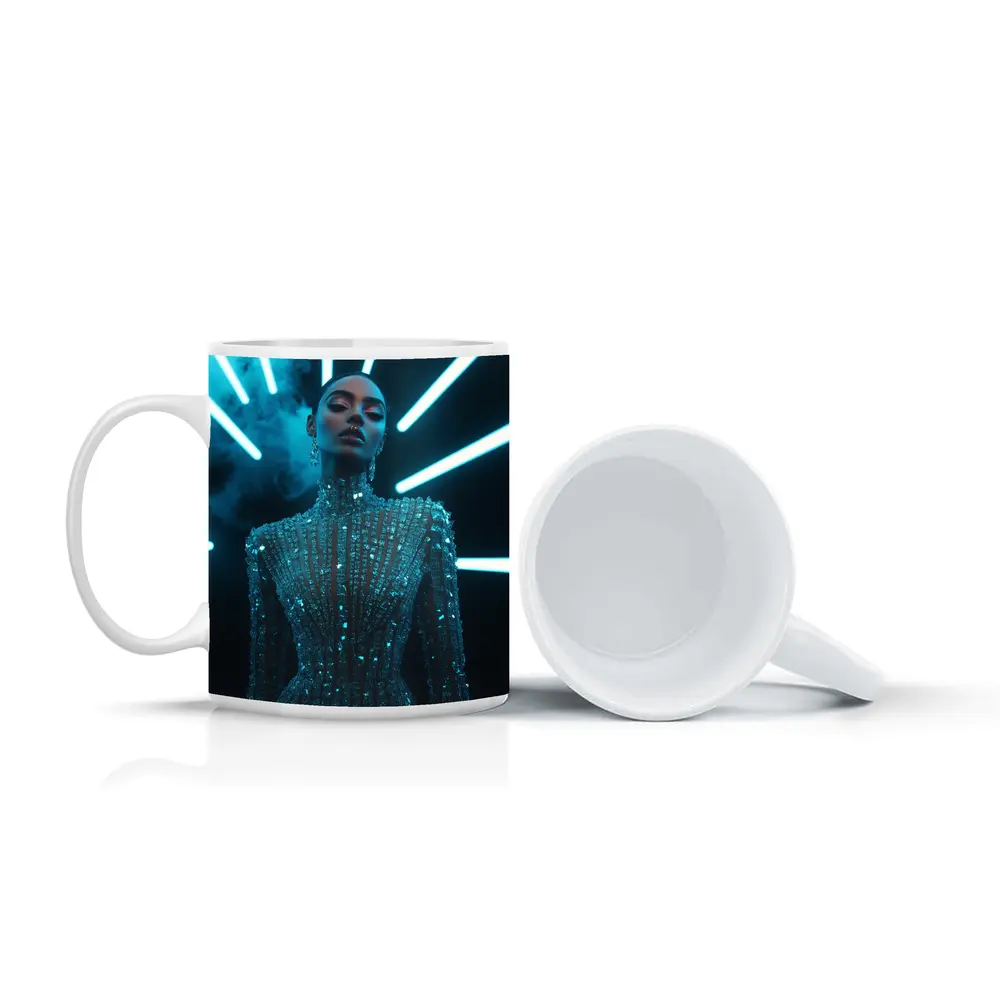 Glittering Woman Neon Lights Dark Background – Mugs