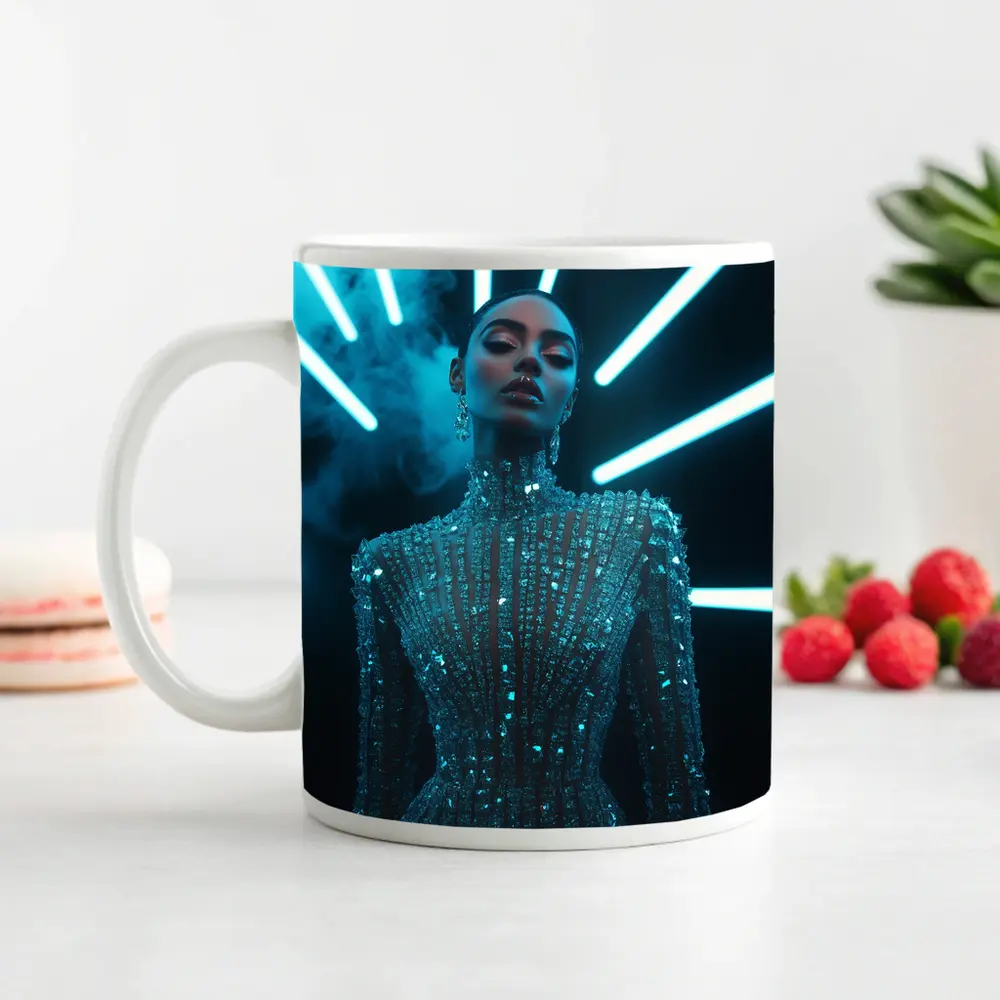 Glittering Woman Neon Lights Dark Background – Mugs