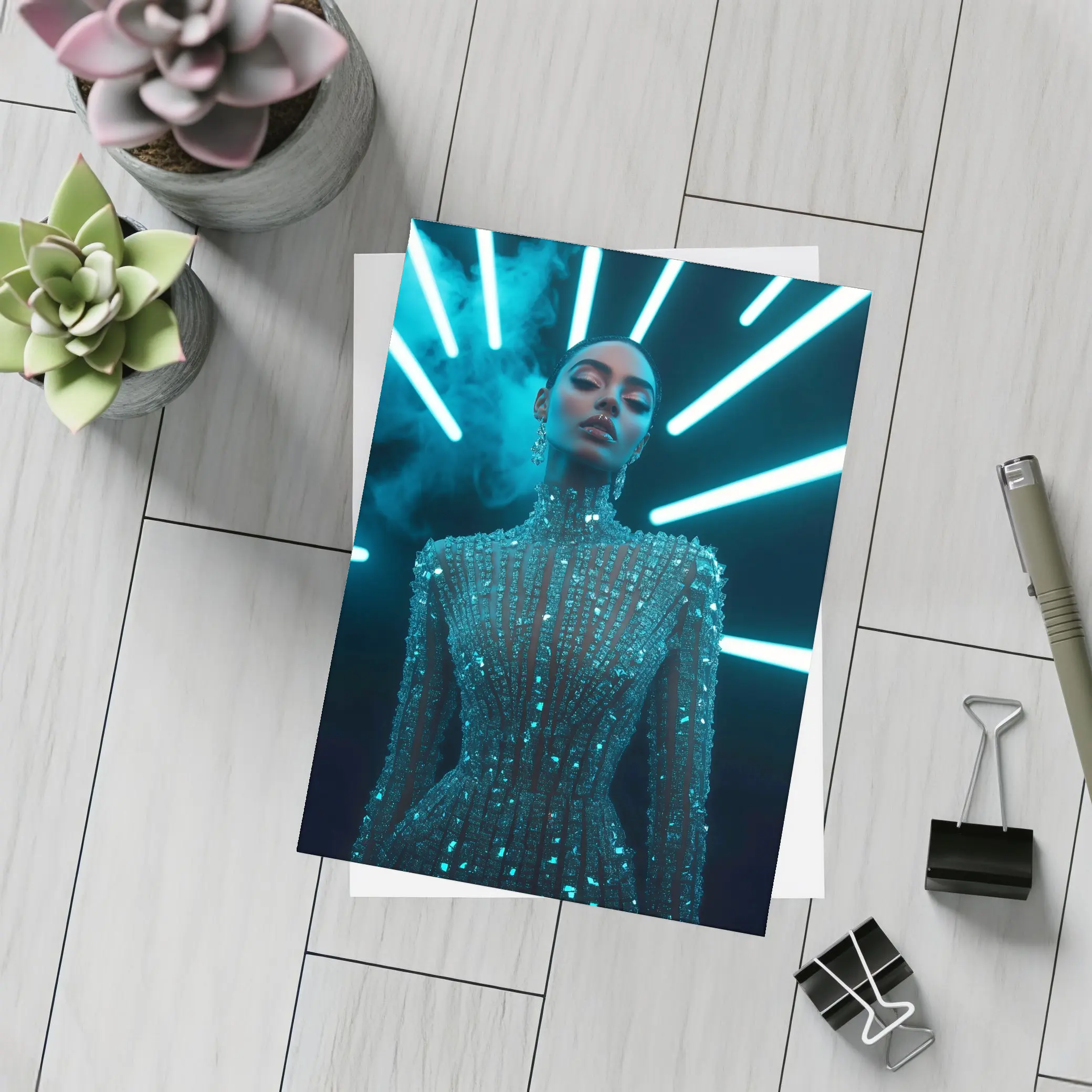 Glittering Woman Neon Lights Dark Background – Postcards
