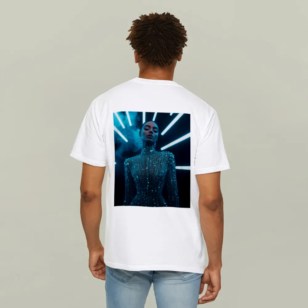 Glittering Woman Neon Lights Dark Background – T-Shirts