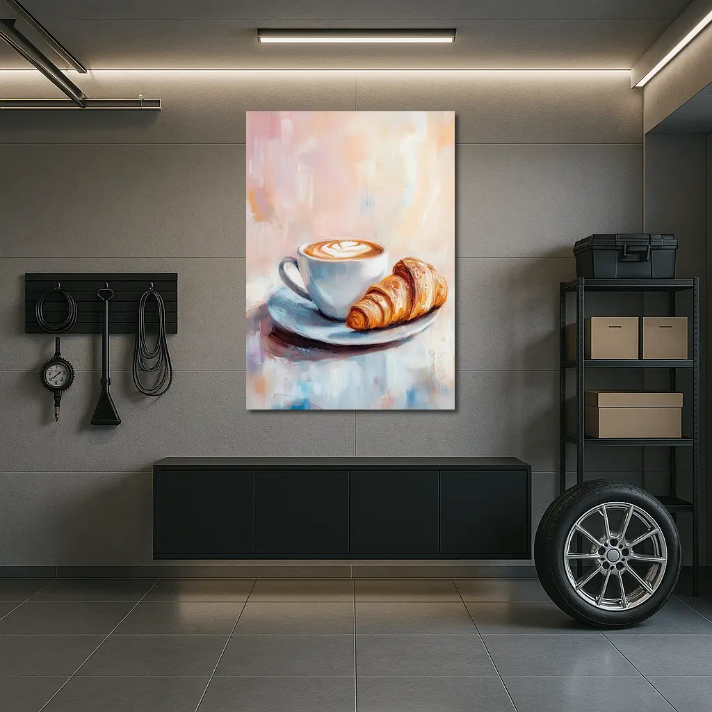 Latte Art Croissant Oil Painting Pastel Background – Wall Art