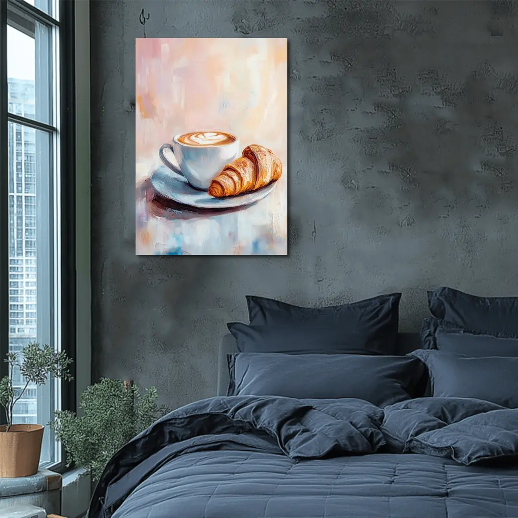 Latte Art Croissant Oil Painting Pastel Background – Wall Art