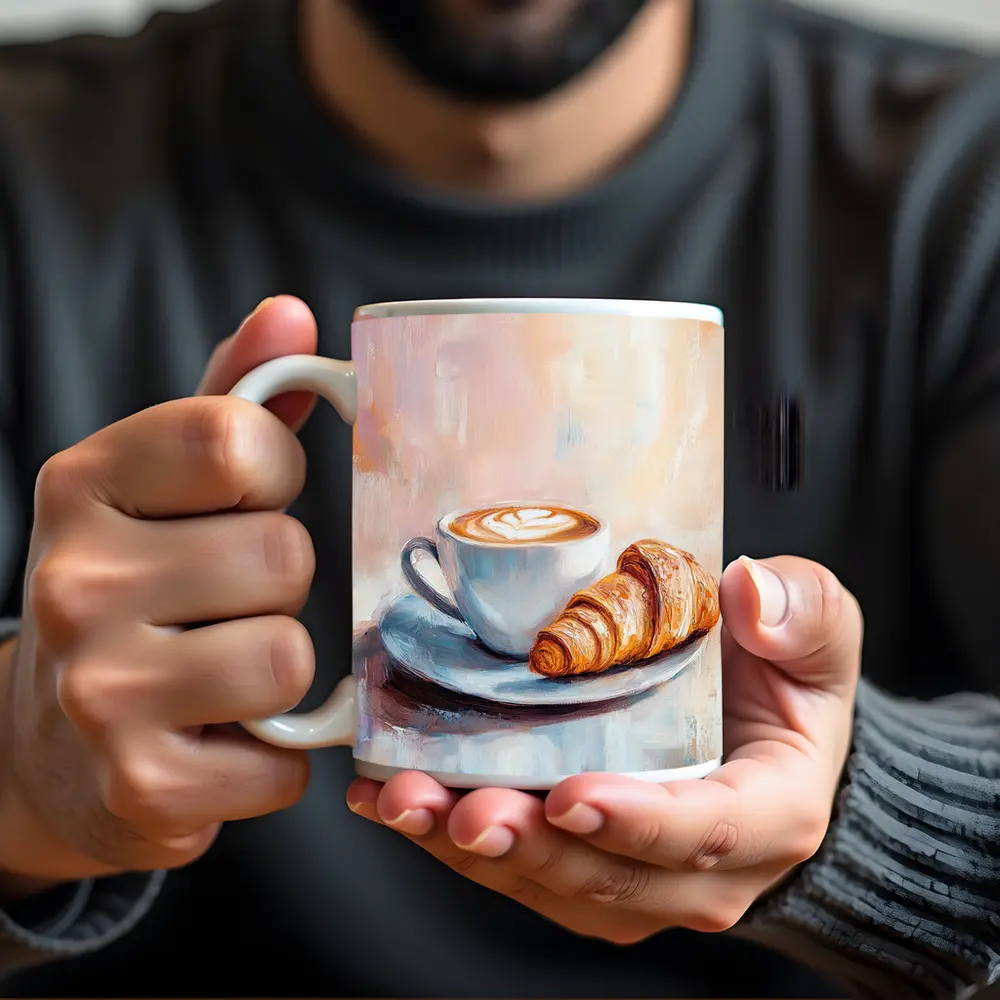 Latte Art Croissant Oil Painting Pastel Background – Mugs