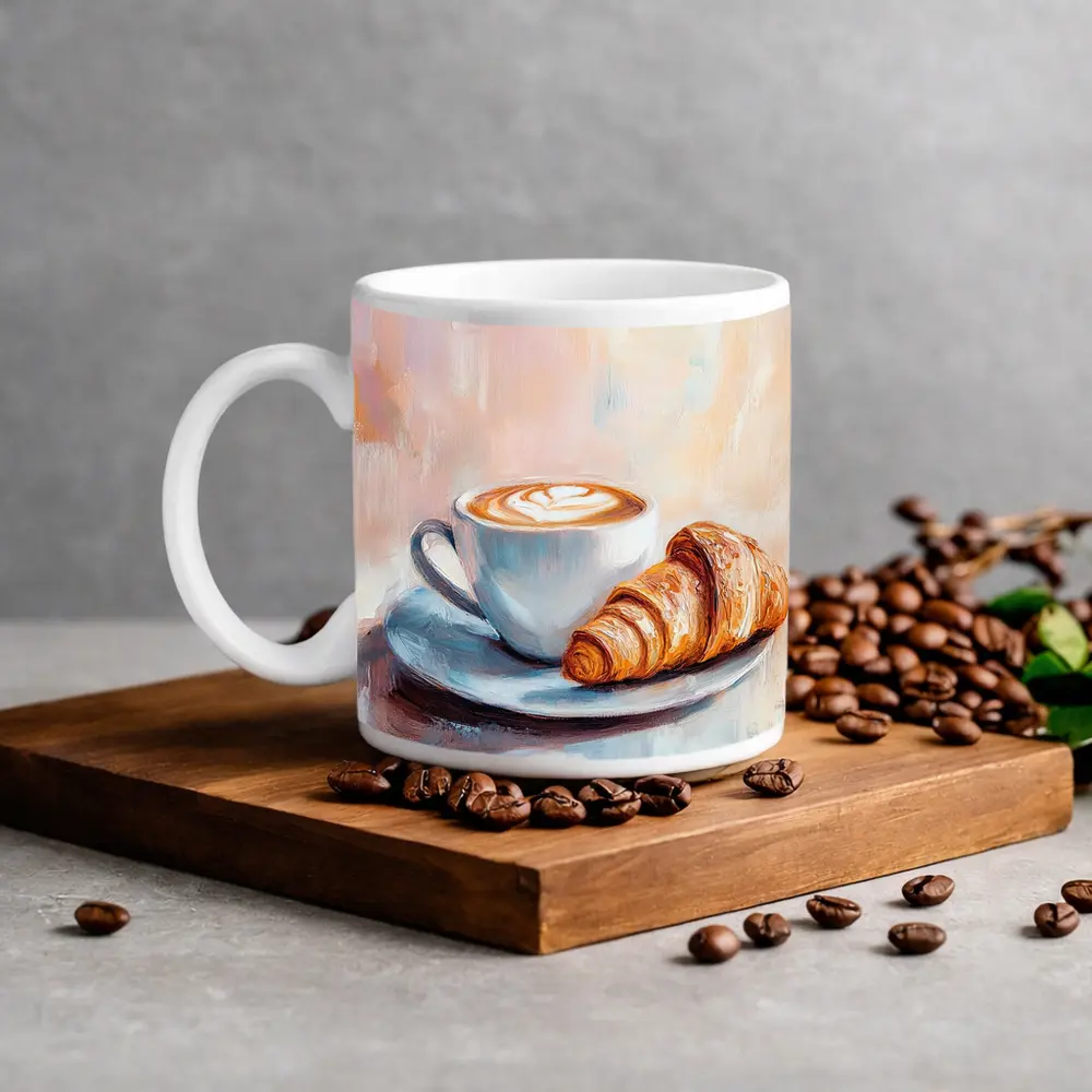 Latte Art Croissant Oil Painting Pastel Background – Mugs