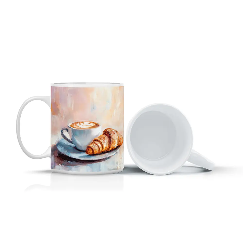 Latte Art Croissant Oil Painting Pastel Background – Mugs