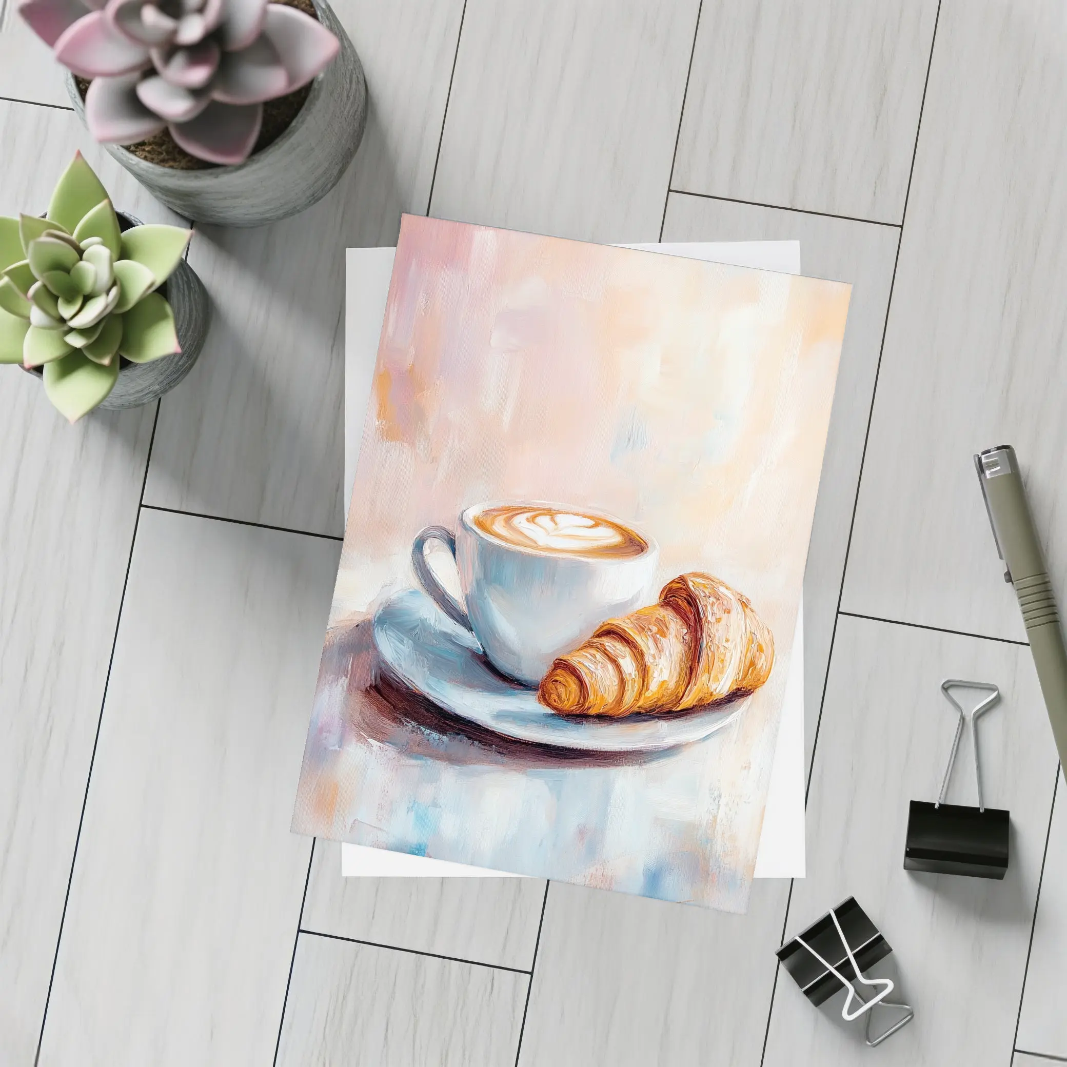 Latte Art Croissant Oil Painting Pastel Background – Postcards