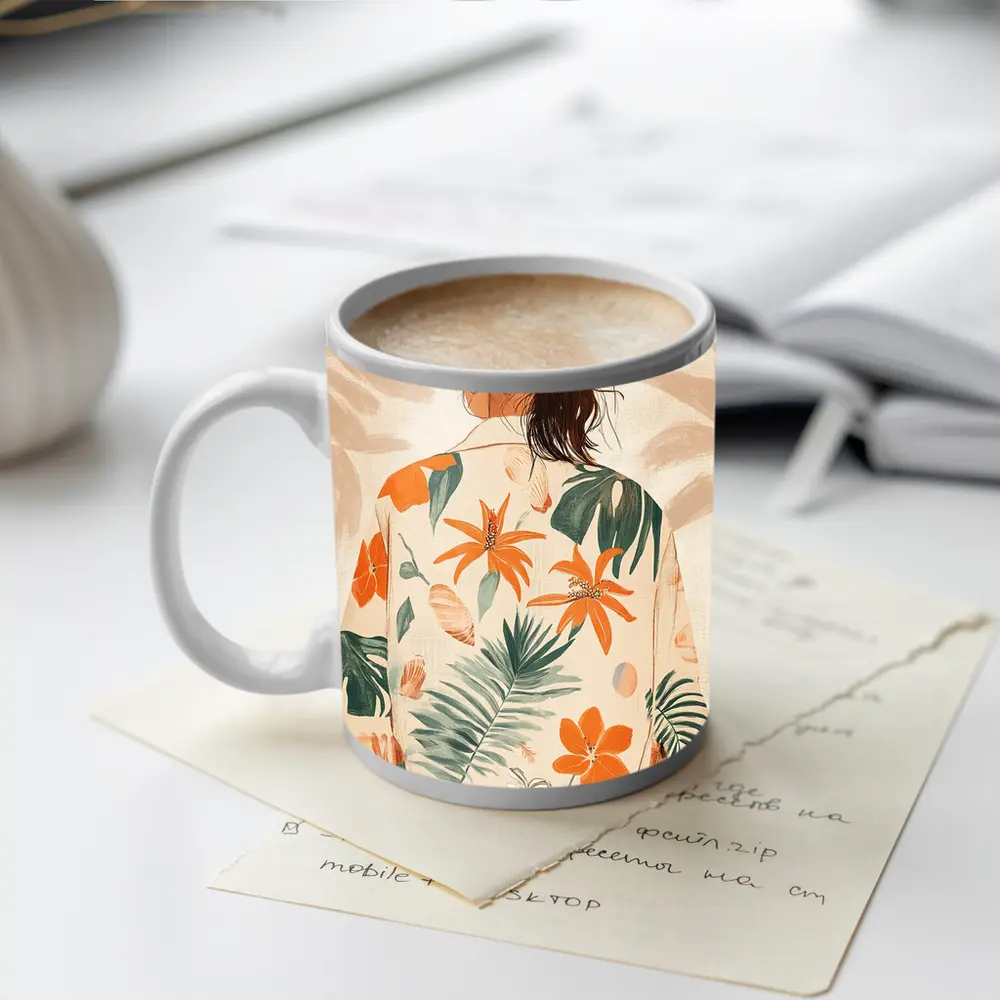 Woman Tropical Floral Shirt Illustration Art – Mugs