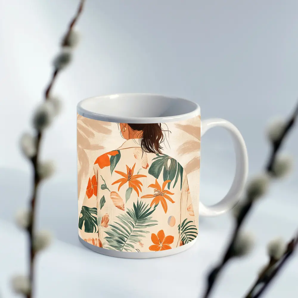 Woman Tropical Floral Shirt Illustration Art – Mugs
