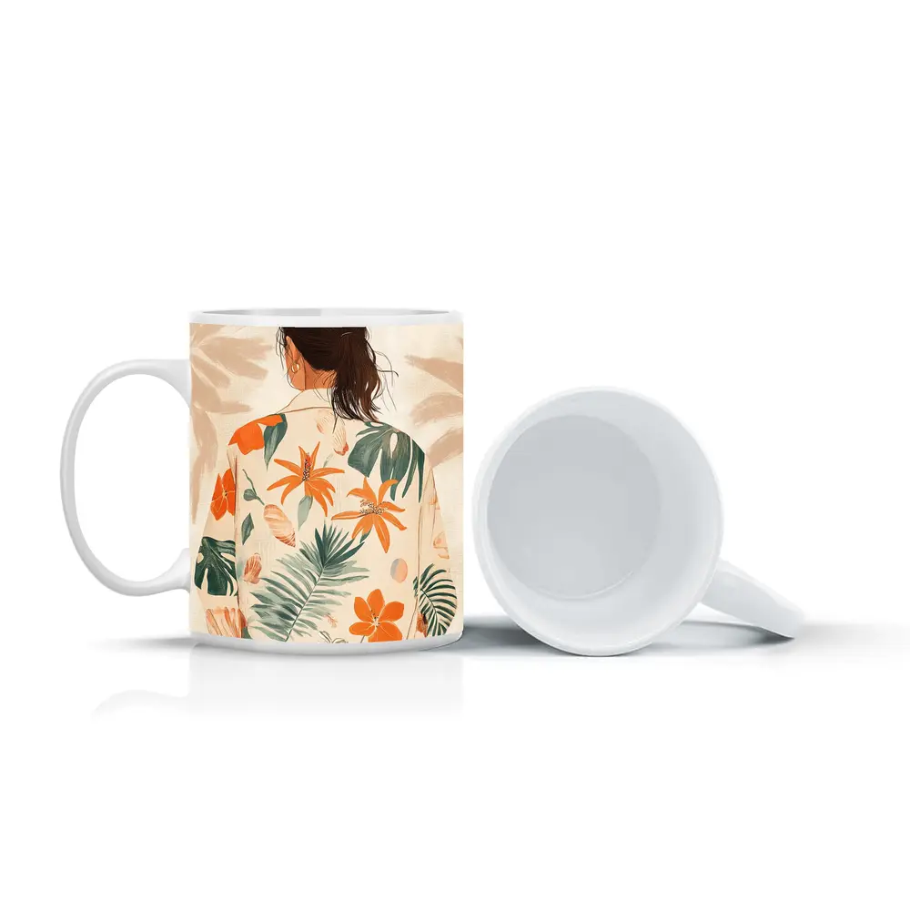 Woman Tropical Floral Shirt Illustration Art – Mugs