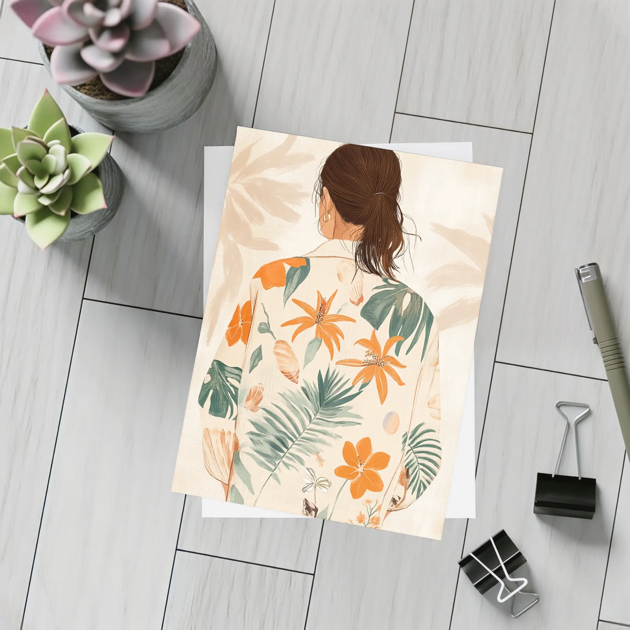 Woman Tropical Floral Shirt Illustration Art – Postcards