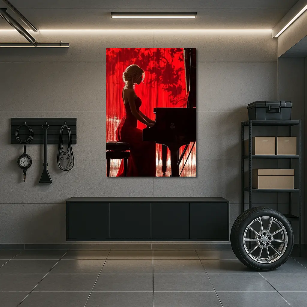 Woman Playing Grand Piano Red Background – Wall Art