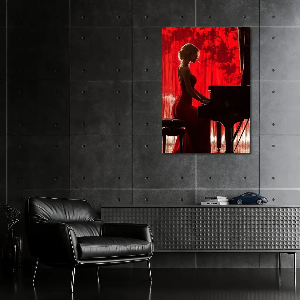 Woman Playing Grand Piano Red Background – Wall Art